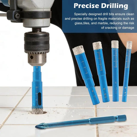 Close-up of a drill using 9 Piece Diamond Drill Bit Set For Ceramic Tile Glass Porcelain Marble Granite Stone With Accurate Start And Dry Use Pro Grade Precision Positioning Fast Clean Holes Blue on tile surface