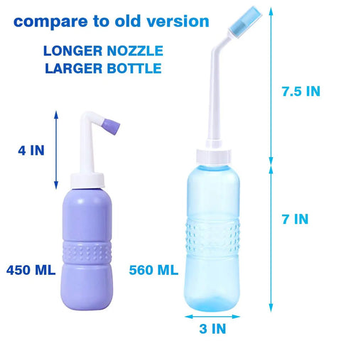 Comparison of Big Capacity Portable Bidet Bottle With Retractable Nozzle 560 Ml 18 Oz and smaller version, showing heights and sizes.