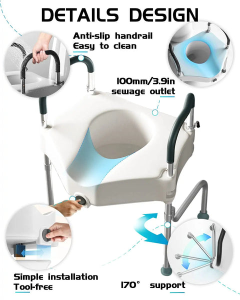Raised Toilet Seat With Handles For Seniors And Post Surgery Recovery, showing anti-slip handrails and easy clean design