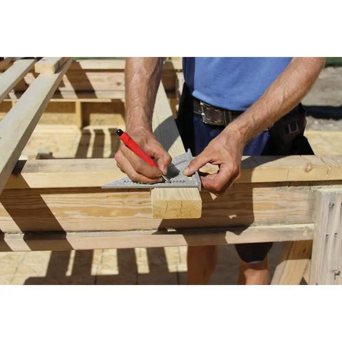 Carpenter using Professional Aluminum Rafter Square 7 Inch With CNC Edges For Dead On Angles on wooden beam