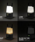 WeatherReady LED Camping Lantern Pro 360 showing high, low, night light modes and glow-in-the-dark switch.