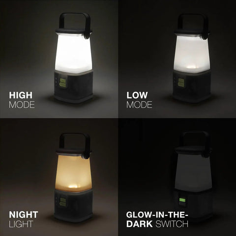 WeatherReady LED Camping Lantern Pro 360 showing high, low, night light modes and glow-in-the-dark switch.