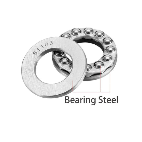 Front view of two silver thrust ball bearings in bearing steel, 17x30x9 mm, single row