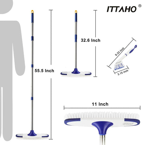 Long Handle Floor Scrub Brush 53 Inch Deck And Grout Cleaner Kit for tile, marble, stone with stainless steel handle, side view.