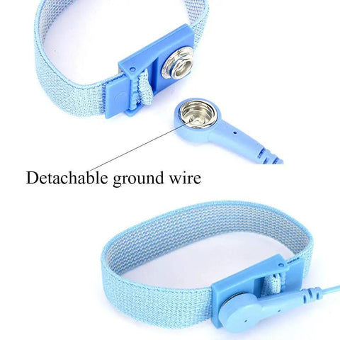 Close-up of Antistatic ESD Wrist Strap Adjustable Band with detachable ground wire, blue, for wrists up to 9 inches, ultra comfortable.