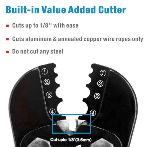 Close-up of cutting section on All In One Wire Rope Swaging Tool With Built In Cutter For Aluminum And Copper Sleeves Stop Loops And Ferrules Cuts Up To 1/8 Inch Heavy Duty Carbon Steel Rust Resistant Finish Pro Grade For Quick Scratch Free Swaging.