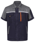 Mens Short Sleeve Work Jacket Built Like A Tank For The Daily Grind With Bright Reflective Stripes And Smooth Front Zip Breathable Auto Mechanic Uniform Gray Navy Blue Contrast, front view.