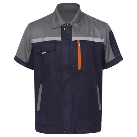 Mens Short Sleeve Work Jacket Built Like A Tank For The Daily Grind With Bright Reflective Stripes And Smooth Front Zip Breathable Auto Mechanic Uniform Gray Navy Blue Contrast, front view.