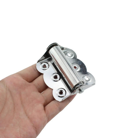 Hand holding 2 Pack Spring Loaded Self-Closing Door Hinges 66mm And 2.6 Inch Stainless Steel Silver Heavy Duty Cabinet Hinge For Doors
