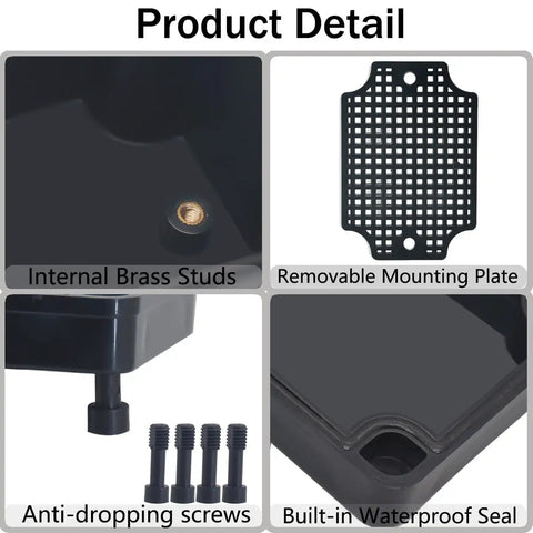 Badass Abs Black Junction Box Featuring Hella Waterproof IP67 Rating And Rock Solid Mounting Plate For Outdoor Arduino Builds And Electronics Housing Spanning 6 9 X 4 9 X 3 Inches Overall with internal brass studs and removable mounting plate.