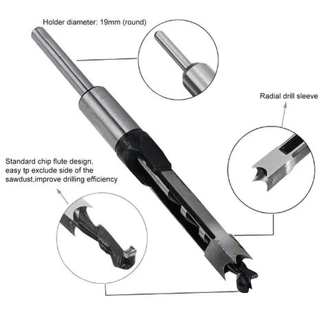 Top Shelf 3/8 Inch Square Hole Drill Bits And Mortising Chisel Set crafted from hardened steel with a 19mm holder diameter.