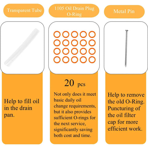 Diagram of oil change kit components, including transparent tube, 20 O-rings, and metal pin for Harley Big Twin maintenance.