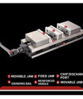 Diagram showing features of 6 Inch Badass Angle Vise For Milling Machines And Drill Presses Built Like A Tank with jaws and handle.