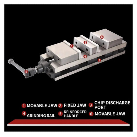 Diagram showing features of 6 Inch Badass Angle Vise For Milling Machines And Drill Presses Built Like A Tank with jaws and handle.