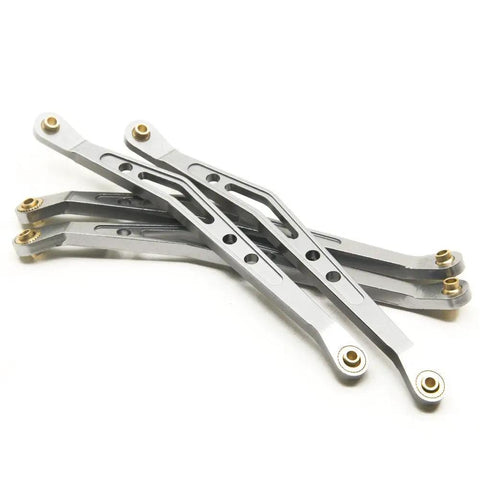 Eight Piece Lower And Upper Suspension Link Rod Linkage Set For 1 To 10 Scale RC Wraith 90018 Made From Aluminum Alloy For Durable Off Road Performance With Smooth Suspension And Reduced Friction On Rough Terrain. silver aluminum RC suspension links with bushings