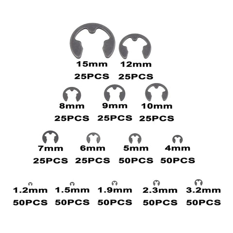 525 Piece E Clips And Retaining Rings Kit, 14 Metric Sizes Side Mount External Retaining Rings 1.2mm To 15mm Diameter, layout view