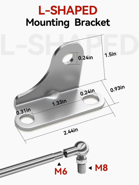 L-shaped steel mounting bracket, dimensions 2.44in x 1.5in, for 20 Inch Heavy Duty Gas Struts 22 Pound Smooth Ride Lift Supports.