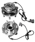 Front Wheel Hub And Bearing Assembly Pair For Nissan Xterra Frontier Pathfinder Suzuki Equator 6 Lug ABS 4WD 4X4 Left Or Right Beefy Direct Fit Replacement Wheel Hub Bearing Kit, shown with wiring connectors and 6-lug design.