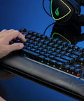 Modular Wireless Gaming Mechanical Keyboard With Snappy Tactile Switches Detachable Numpad And Plush Support Wrist Rest, hand typing.