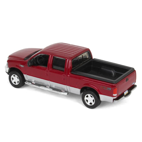Ford F 250 Super Duty Crew Cab Diecast Pickup Truck Red And Silver One Sixty Fourth Scale Model With Dope Metal Chassis