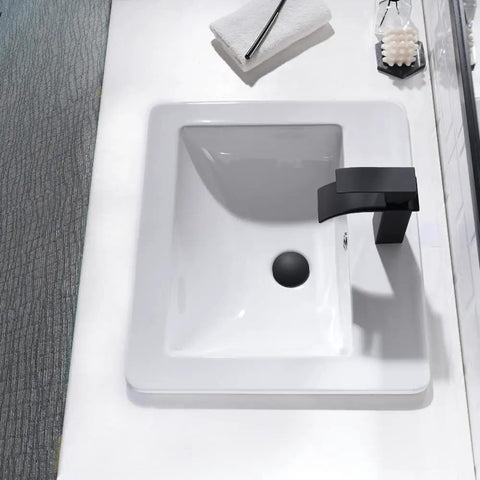 Drop In White Porcelain Vessel Sink With Black Faucet And Pop Up Drain, 21x18 Inch Bathroom Lavatory Basin, Top Mount Design