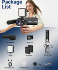 Woman holding 8K Ultra HD Video Camcorder with accessories for YouTube and live streaming, including 64GB card and rechargeable batteries.