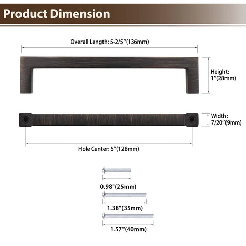 Dimensions of 10 Pack Oil Rubbed Bronze Solid Zinc Cabinet Pulls, 5 Inch Center to Center, 5.35 Inch Overall Length, in diagram view.