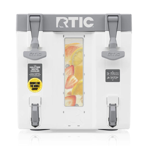 Front view of Halftime 3 Gallon Portable Water Cooler Dispenser With Dual Taps Bottleless BPA Free Stackable Hydration Station For Sports Camping BBQ Parties And More White, displaying fruit-infused water.