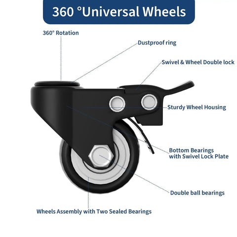 Close-up of lockable wheel from V Shaped Metal Rolling Book Cart With Three Tier Shelves, Side Hooks, showing 360-degree rotation.