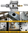 Front view of ASNOMY 3-inch tungsten carbide tipped hole saw with two titanium-plated pilot bits for metal.