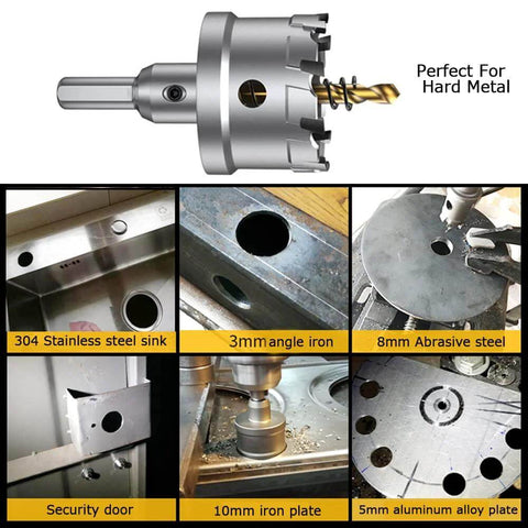 Front view of ASNOMY 3-inch tungsten carbide tipped hole saw with two titanium-plated pilot bits for metal.