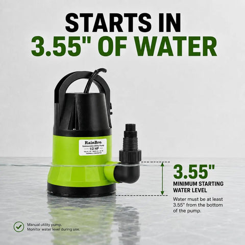 Heavy Duty Submersible Sump Pump Crafted For Rapid Pool Draining And Quick Flood Pickup Half Horsepower Engine showing 3.55" water level