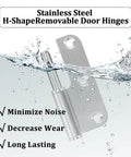 Close-up of Ten Pack 3x2 Iron H Shape Removable Lift Off Door Hinges with water splash showing durability features.