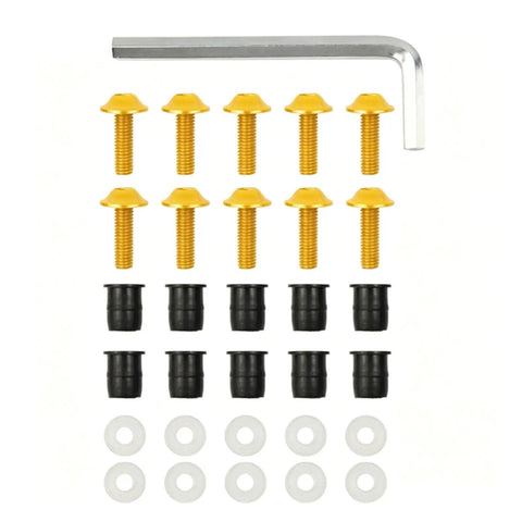 Lightweight CNC Aluminum Motorcycle Fairing Bolt Screw Kit M5 x 10mm for Fast Nimble Rides, 10 Pieces in Black and Gold Finish, Ultra Durable, Corrosion Resistant Mounting Hardware Set, with Allen key