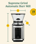 Electric Burr Coffee Grinder With One Touch Automation And Eighteen Position Grinding Dial For Hella Precise Fresh Beans Plus Super Fast Cleanup And Adjustable Cup Settings For Everyday Barista Vibes, 11in tall, 6in wide, stainless steel.