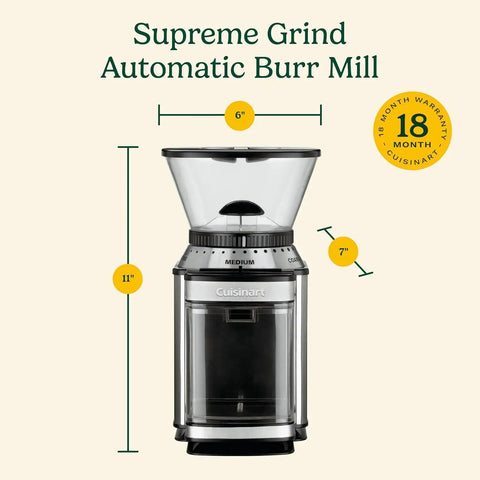 Electric Burr Coffee Grinder With One Touch Automation And Eighteen Position Grinding Dial For Hella Precise Fresh Beans Plus Super Fast Cleanup And Adjustable Cup Settings For Everyday Barista Vibes, 11in tall, 6in wide, stainless steel.