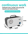 Portable Oil Free Diaphragm Vacuum Pump For Filtration With Adjustable Pressure And Fast 20 Lpm Airflow, A Lab Workhorse, Dual Voltage 110V To 220V, Includes Rubber Tubing For Laboratory Use And Quick Filtration, side view with measurements