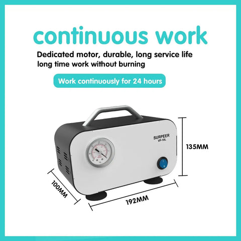 Portable Oil Free Diaphragm Vacuum Pump For Filtration With Adjustable Pressure And Fast 20 Lpm Airflow, A Lab Workhorse, Dual Voltage 110V To 220V, Includes Rubber Tubing For Laboratory Use And Quick Filtration, side view with measurements