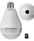 1080P Full HD Light Bulb Camera With 360 Degree View 32GB SD Card Included 2.4GHz WiFi Night Vision Motion Detection Wireless Home Surveillance For Baby And Pets Plug And Play Setup image showing bulb camera and SD card.