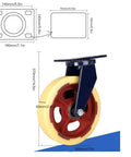 12 Inch Heavy Duty Plate Caster Wheels With Brake, Super Load Bearing Nylon Rollers, close-up side view showing dimensions.