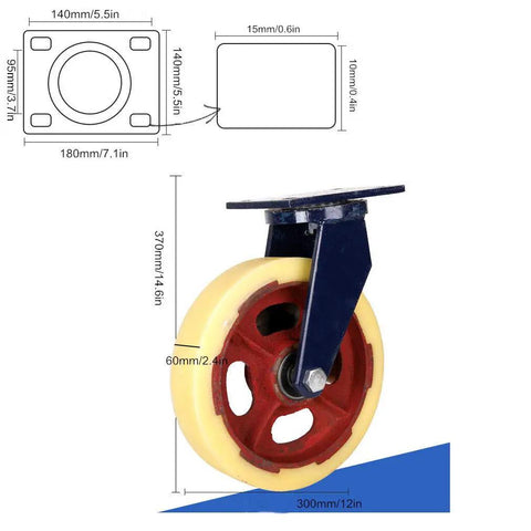 12 Inch Heavy Duty Plate Caster Wheels With Brake, Super Load Bearing Nylon Rollers, close-up side view showing dimensions.