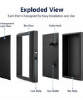 Exploded view of Heavy Duty EV Charger Enclosure Lockable Wall Mount Charging Station showing components like box door, lock, and cable hook.