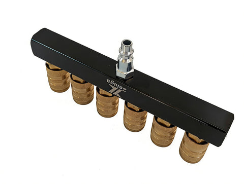 Six Way Air Manifold With One Quarter Inch NPT Quick Connect, industrial pneumatic splitter, aluminum body, brass fittings.