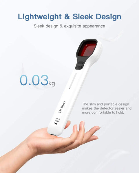 Hand holding G6 Sport Hidden Camera Bug Detector With Anti Theft System, lightweight and sleek 30g design, white color.