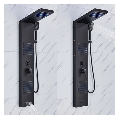 RIBEUJIZS Digital Shower System, Matte Black LED Shower Panel Waterfall Rain Faucet Set SPA Massage Jet with hand shower