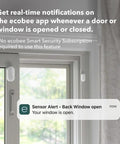 Close-up of window with 2-Pack WiFi Door And Window Sensor For Smart Home Security, white, showing real-time alert on app.