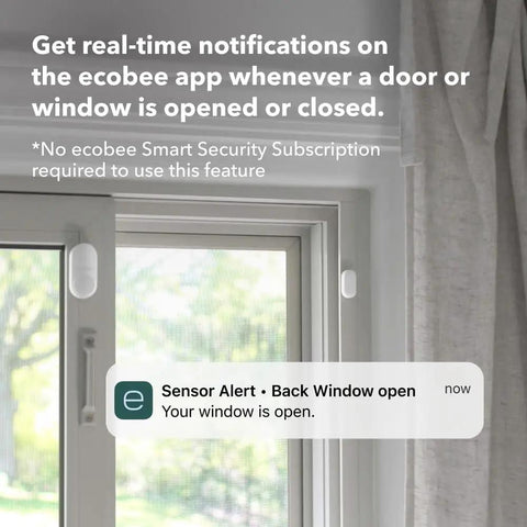 Close-up of window with 2-Pack WiFi Door And Window Sensor For Smart Home Security, white, showing real-time alert on app.