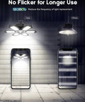 Comparison of Ultra Bright 200W LED Garage Lights 4 Pack with traditional bulb, showing no flicker for longer use.