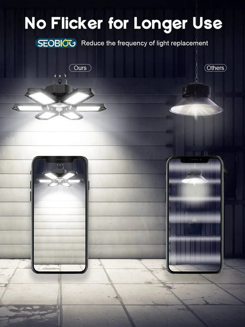 Comparison of Ultra Bright 200W LED Garage Lights 4 Pack with traditional bulb, showing no flicker for longer use.