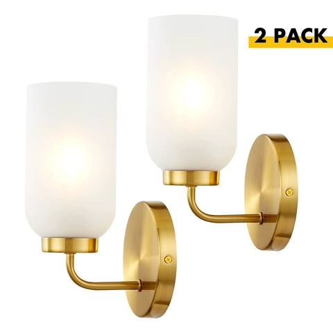 Gold Brushed Brass Wall Sconce Set of 2, Dope Modern Industrial Hardwired Lighting with Frosted Glass Shades for Living Room and Powder Room